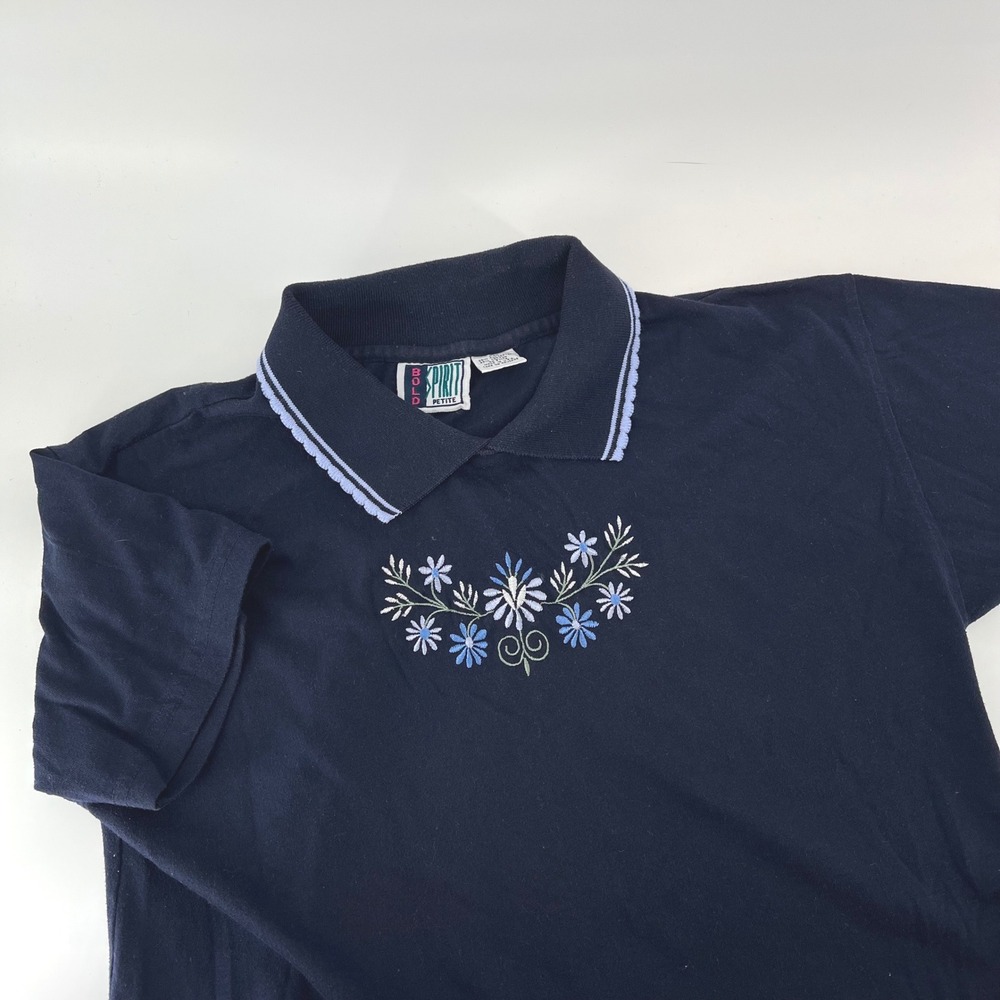 Vintage Bold Spirit Petite Embroidered Floral Polo Shirt Navy Blue USA‎ Made PM